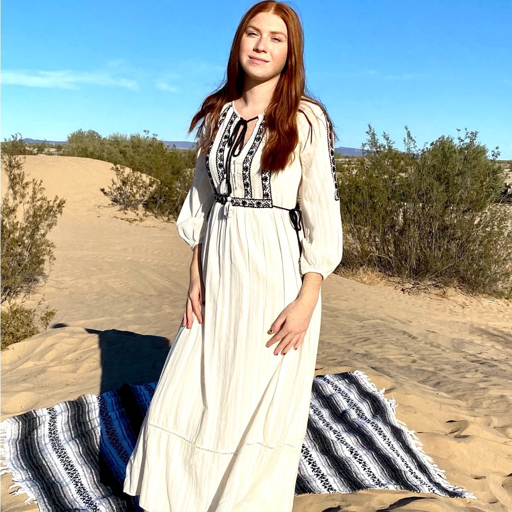 LOVESTITCH BOHO Embroidered Tassel Side Tie Maxi Dress Cactus desert cotton